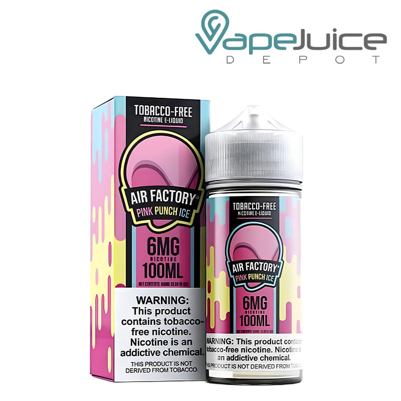 A box of Pink Punch Ice Air Factory eLiquid and a 100ml bottle with a warning sign next to it - Vape Juice Depot