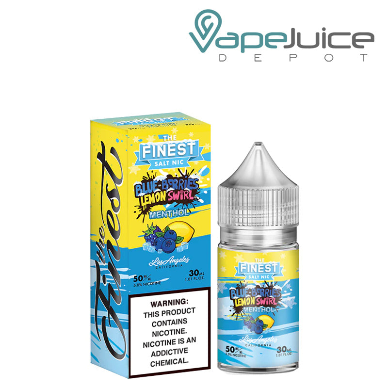 A box of Blue Berries Lemon Swirl Menthol Finest SaltNic Series with a warning sign and a 30ml bottle next to it - Vape Juice Depot