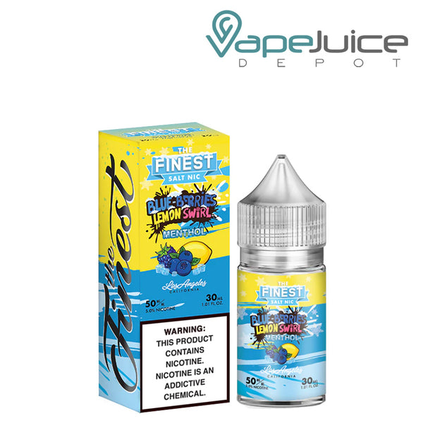 A box of Blue Berries Lemon Swirl Menthol Finest SaltNic Series with a warning sign and a 30ml bottle next to it - Vape Juice Depot