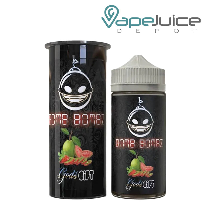 A Box of God's Gift Bomb Bombz eLiquid and a 100ml bottle next to it - Vape Juice Depot