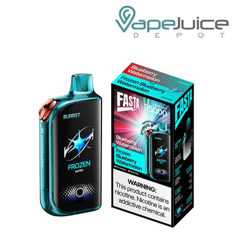 A Blueberry Watermelon Fasta Burrst 35000 Disposable with Full Smart Screen and a box with a warning sign next to it - Vape Juice Depot