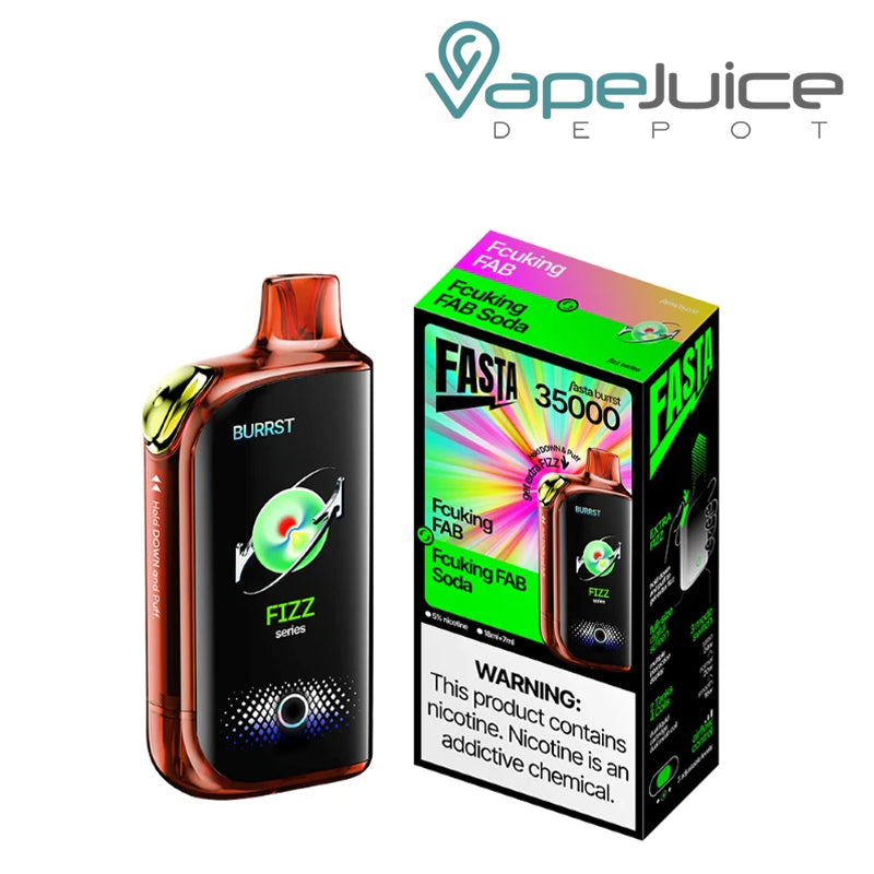 A Fcuking FAB Fasta Burrst 35000 Disposable with Full Smart Screen and a box with a warning sign next to it - Vape Juice Depot