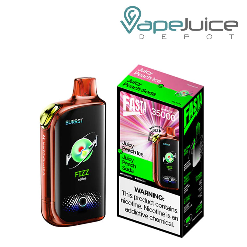 A Juicy Peach Ice Fasta Burrst 35000 Disposable with Full Smart Screen and a box with a warning sign next to it - Vape Juice Depot