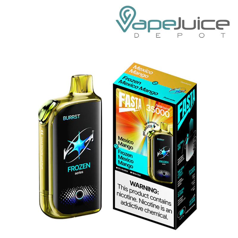 A Mexico Mango Fasta Burrst 35000 Disposable with Full Smart Screen and a box with a warning sign next to it - Vape Juice Depot