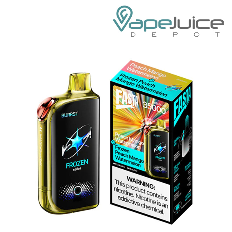 A Peach Mango Watermelon Fasta Burrst 35000 Disposable with Full Smart Screen and a box with a warning sign next to it - Vape Juice Depot