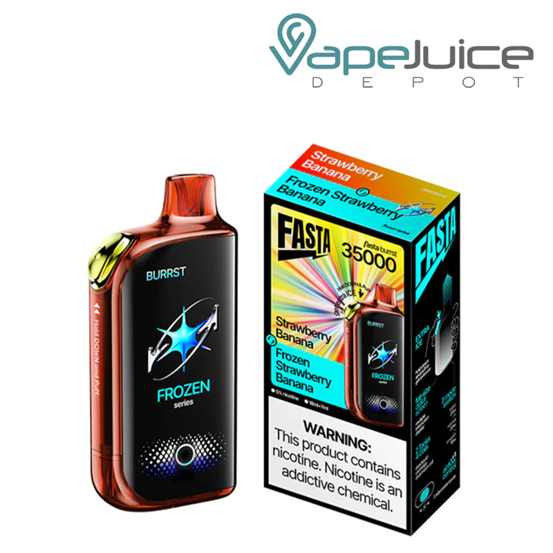 A Strawberry Banana Fasta Burrst 35000 Disposable with Full Smart Screen and a box with a warning sign next to it - Vape Juice Depot