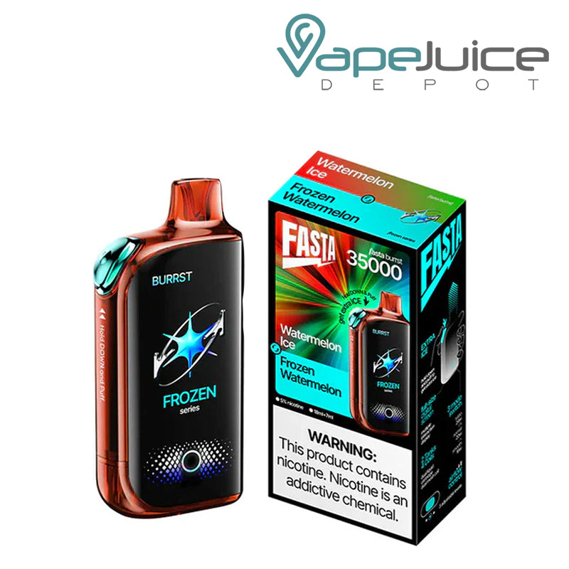 A Watermelon Ice Fasta Burrst 35000 Disposable with Full Smart Screen and a box with a warning sign next to it - Vape Juice Depot