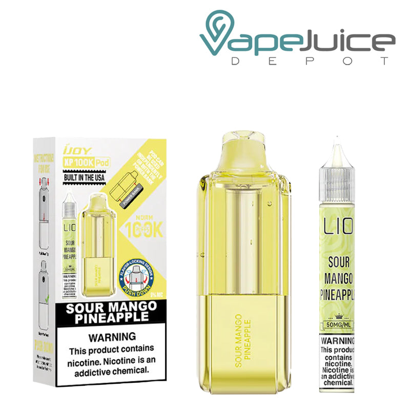 A Box of Sour Mango Pineapple iJoy XP100K Disposable Pod with a warning sign and a pod and eliquid next to it - Vape Juice Depot