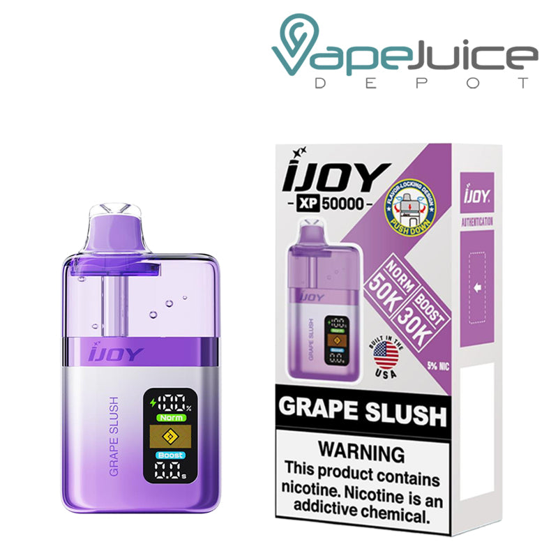 A Box of Garpe Slush iJoy XP50000 Disposable and a box with a warning sign next to it - Vape Juice Depot