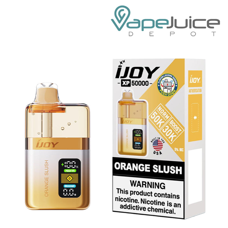 A Box of Oarnge Slush iJoy XP50000 Disposable and a box with a warning sign next to it - Vape Juice Depot
