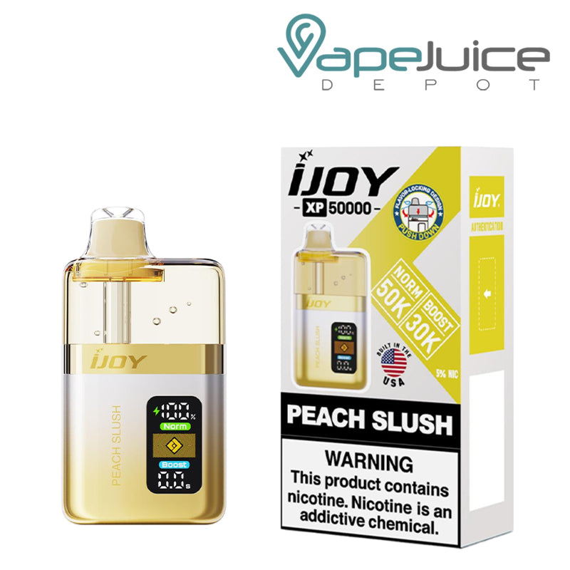A Box of Peach Slush iJoy XP50000 Disposable and a box with a warning sign next to it - Vape Juice Depot