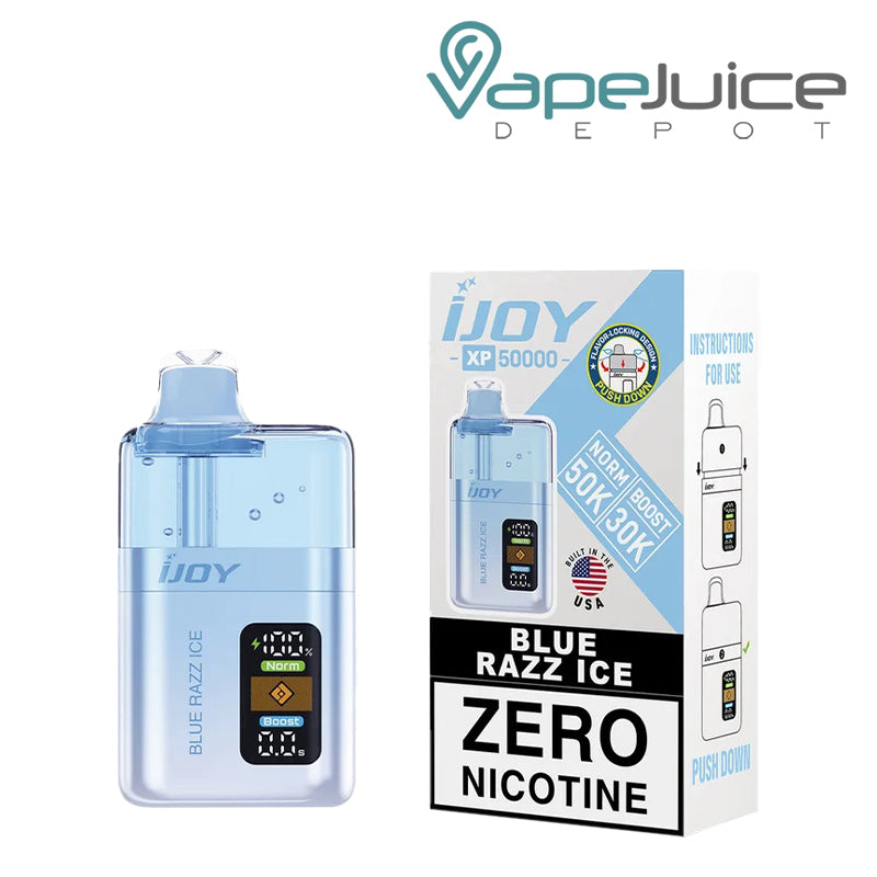 Blue Razz Ice iJoy XP50000 Zero Nicotine Disposable and a box with a warning sign next to it - Vape Juice Depot