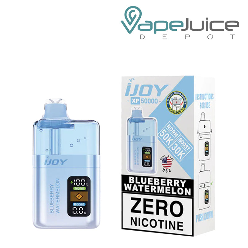 Blueberry Watermelon iJoy XP50000 Zero Nicotine Disposable and a box with a warning sign next to it - Vape Juice Depot