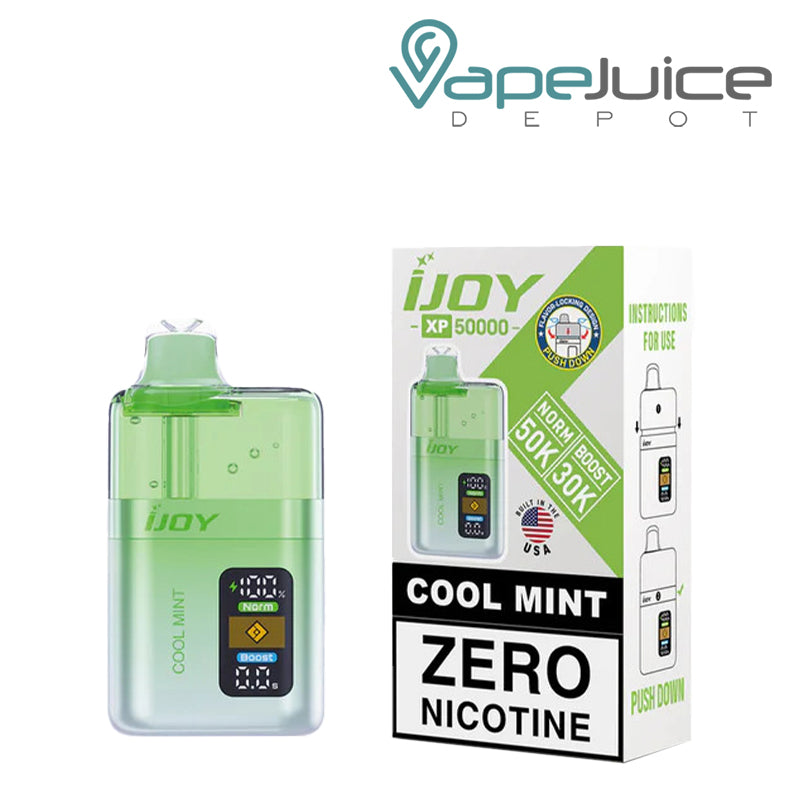 Cool Mint iJoy XP50000 Zero Nicotine Disposable and a box with a warning sign next to it - Vape Juice Depot