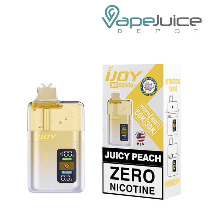 Juicy Peach iJoy XP50000 Zero Nicotine Disposable and a box with a warning sign next to it - Vape Juice Depot