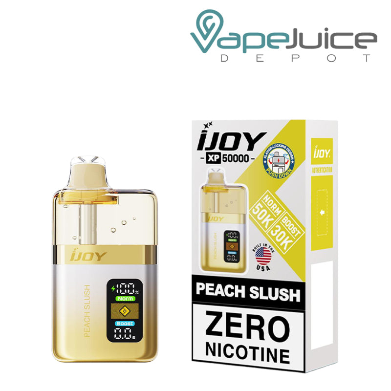 Peach Slush iJoy XP50000 Zero Nicotine Disposable and a box with a warning sign next to it - Vape Juice Depot