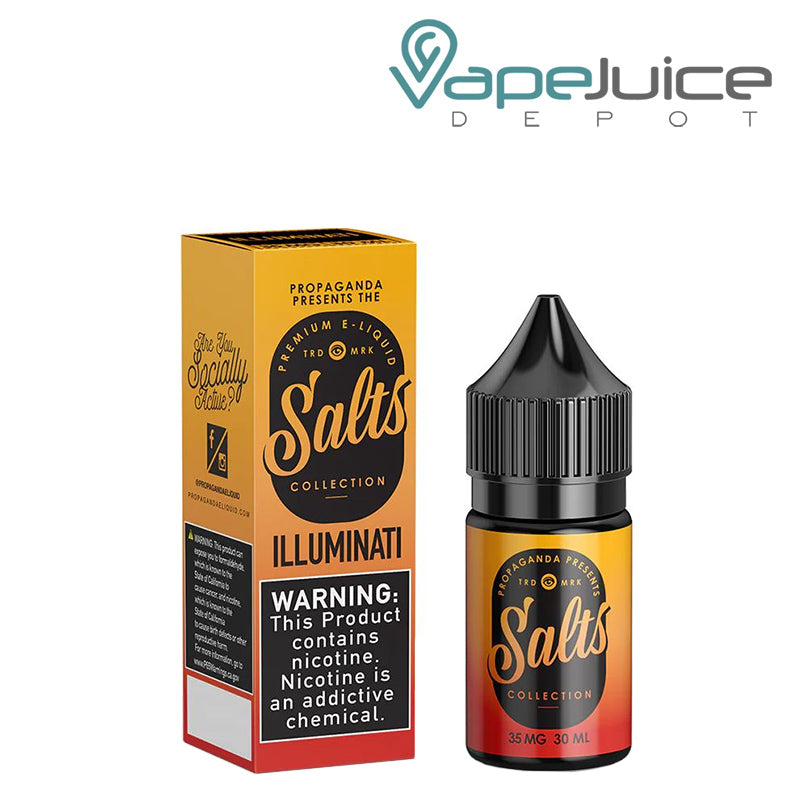 A box of iLLUMINATi Propaganda Salts with a warning sign and a 30ml bottle next to it - Vape Juice Depot