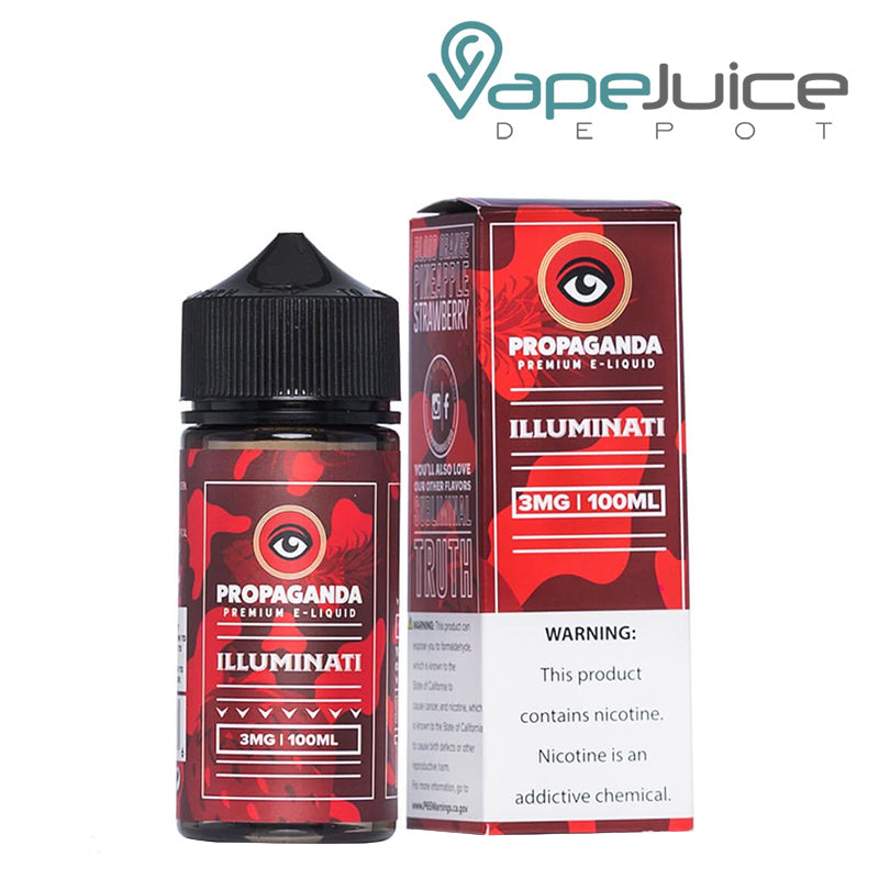 A 100ml bottle of iLLUMINATi Propaganda eLiquid with a warning sign and a box next to it - Vape Juice Depot