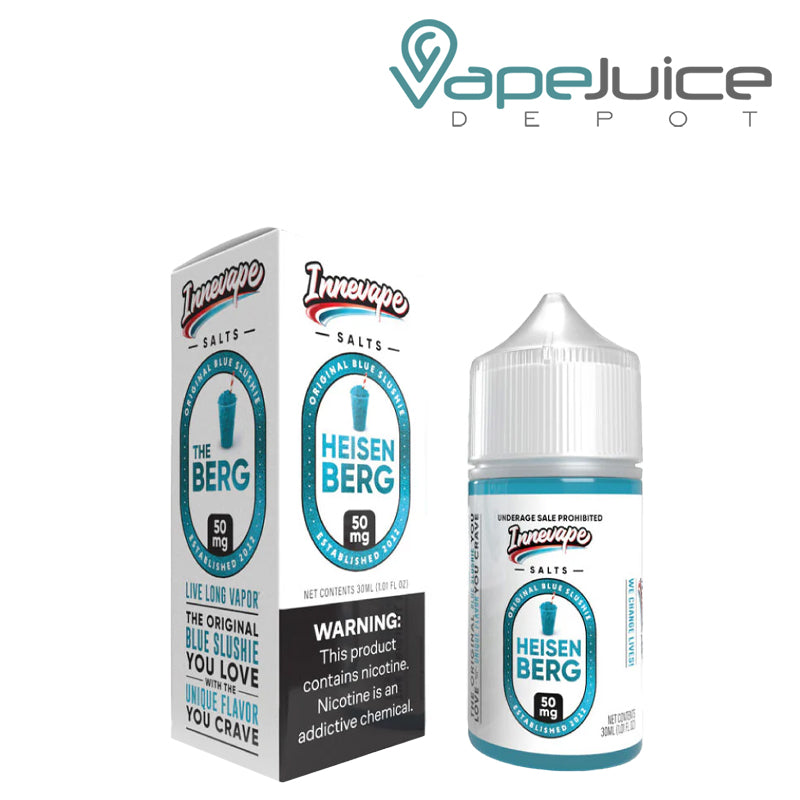 A Box of Heisenberg Innevape Salts with a warning sign and a 30ml bottle next to it - Vape Juice Depot