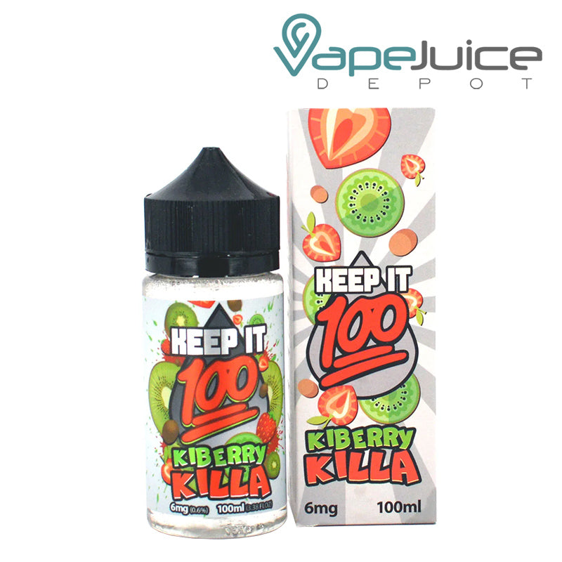 A 100ml bottle of Kiberry Killa Keep It 100 eLiquid and a box next to it - Vape Juice Depot