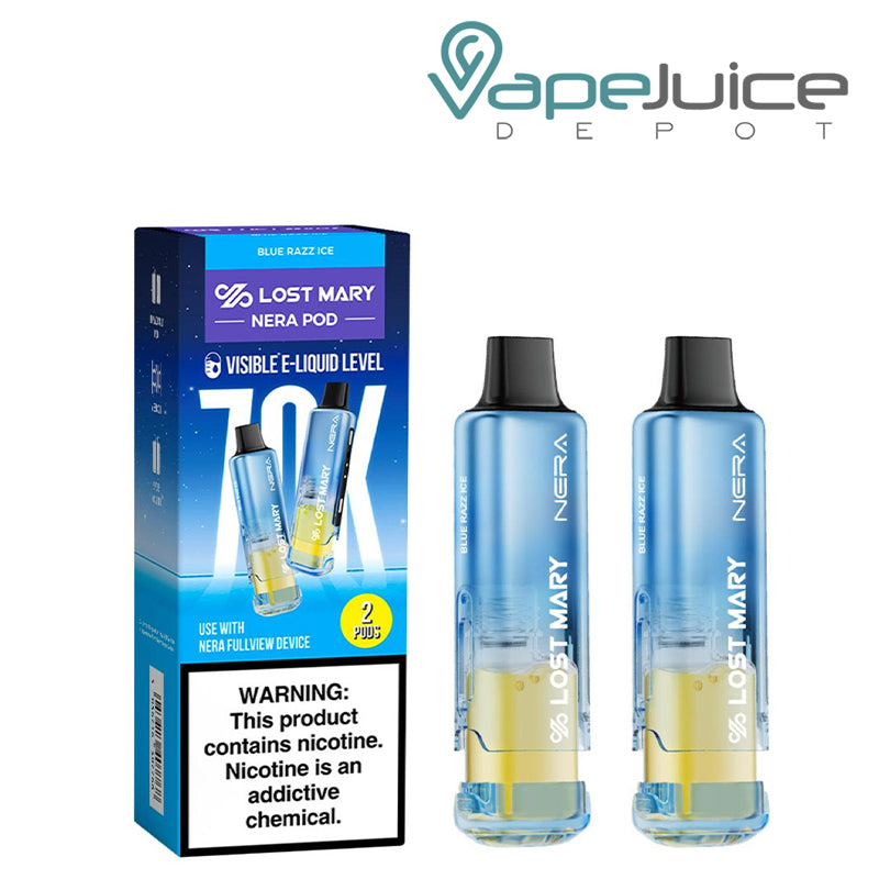 A box of Blue Razz Ice Lost Mary Nera Fullview 70K Disposable Pods with a warning sign and 2 pods next to it  – Vape Juice Depot
