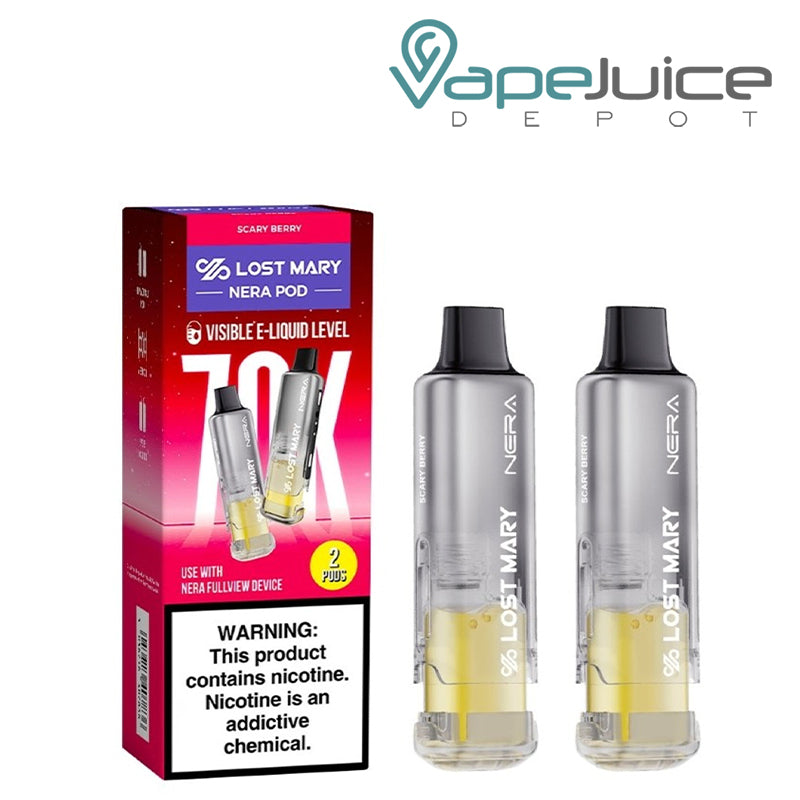A box of Scary Berry Lost Mary Nera Fullview 70K Disposable Pods with a warning sign and 2 pods next to it  – Vape Juice Depot