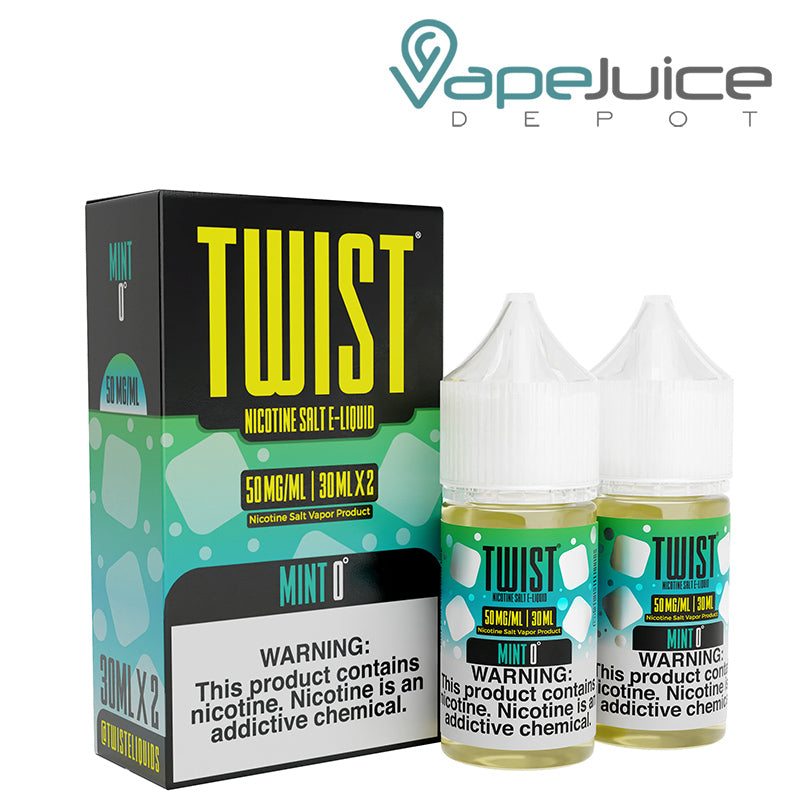 A box of Mint 0° Twist Salt 50mg E-Liquid with a warning sign and two 30ml bottles next to it - Vape Juice Depot