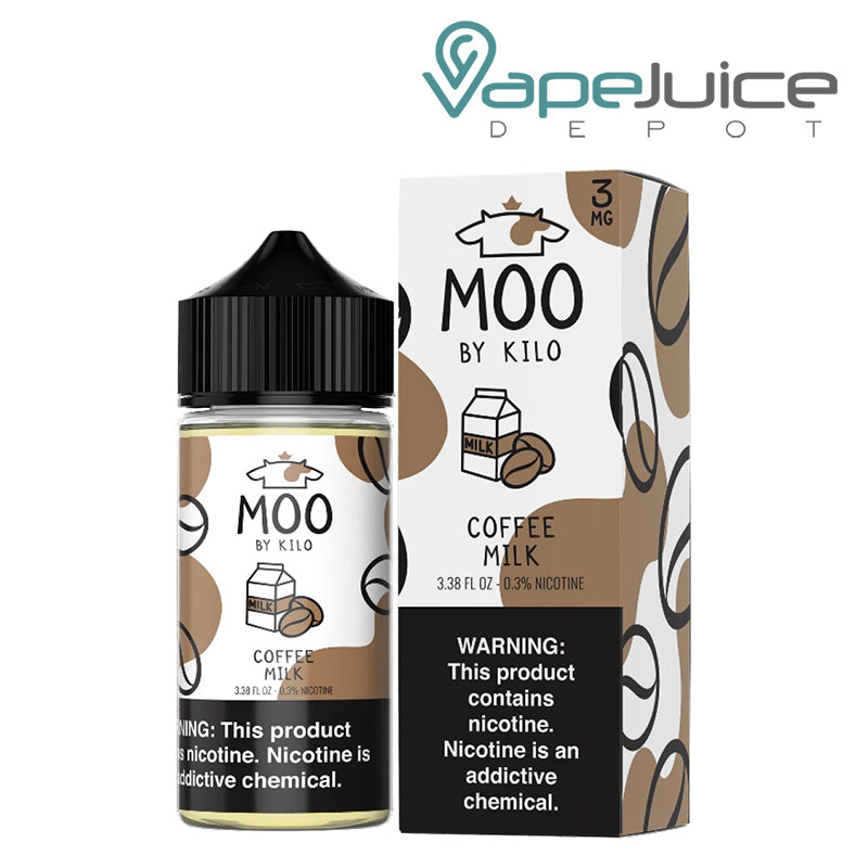 A 100ml bottle of Coffee Milk Moo eLiquids and a box with a warning sign next to it - Vape Juice Depot