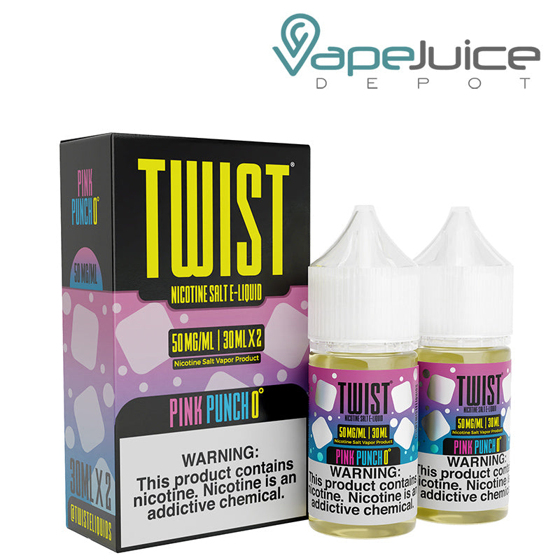 A box of Pink Punch 0° Twist Salt 50mg e-Liquid with a warning sign and two 30ml bottles next to it - Vape Juice Depot