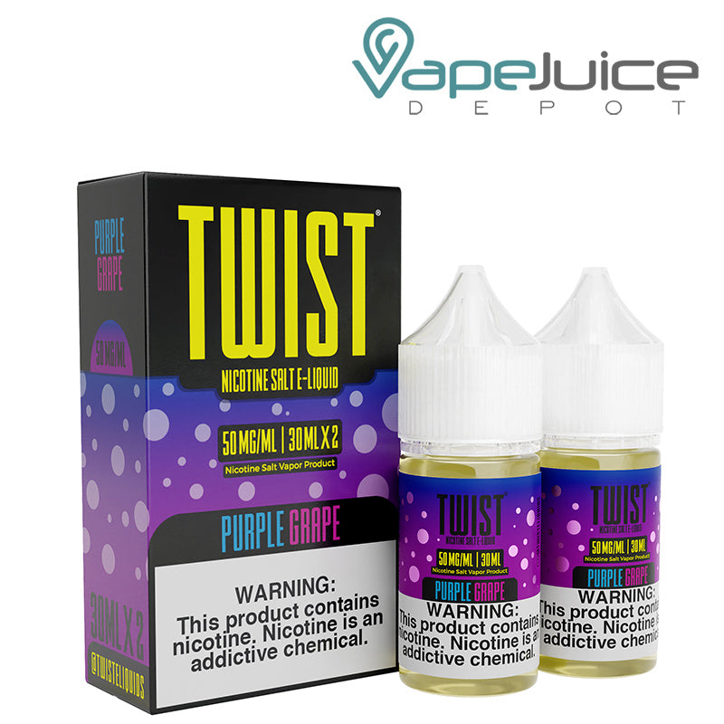 A box of Purple Grape Twist Salt 50mg E-Liquid with a warning sign and two 30ml bottles next to it - Vape Juice Depot