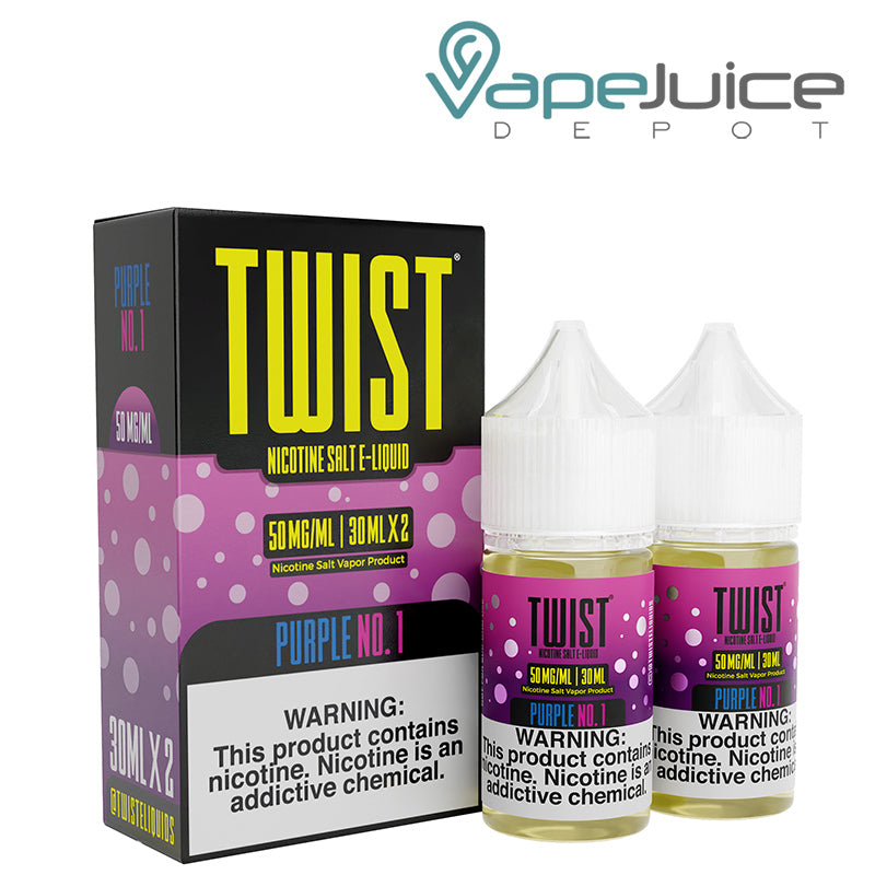 A box of Purple No. 1 Twist Salt 50mg E-Liquid with a warning sign and two 30ml bottles next to it - Vape Juice Depot