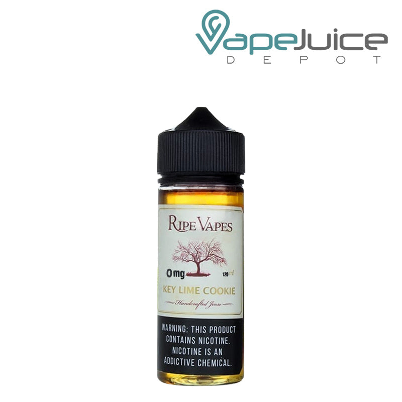 A 120ml bottle of Key Lime Cookies Ripe Vapes eLiquid with a warning sign - Vape Juice Depot