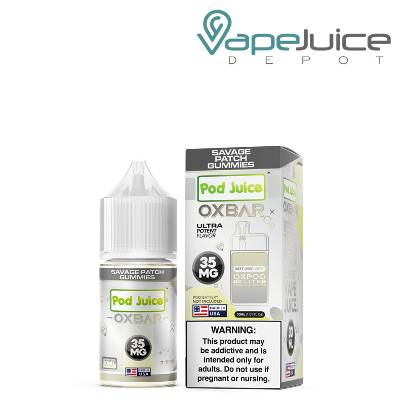 A 30ml bottle of Savage Patch Gummies Pod Juice x OXBAR Salts 55mg and a box with a warning sign next to it - Vape Juice Depot