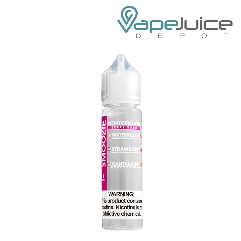 A 60ml bottle of Wondermelon Berry Sour Smoozie eLiquid with a warning sign - Vape Juice Depot