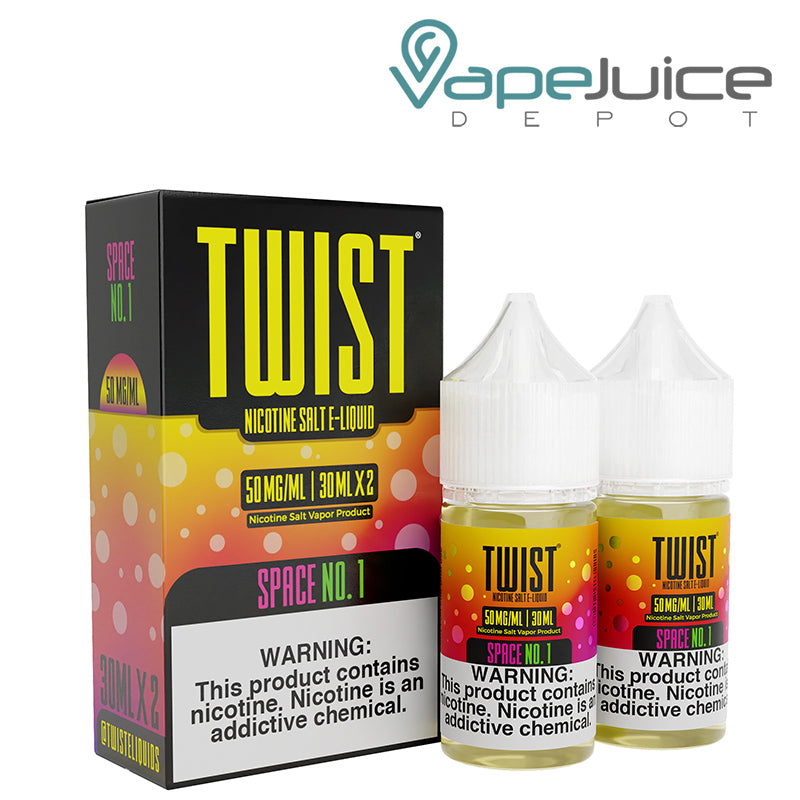 A box of Space No 1 Twist Salt 50mg E-Liquid with a warning sign and two 30ml bottles next to it - Vape Juice Depot