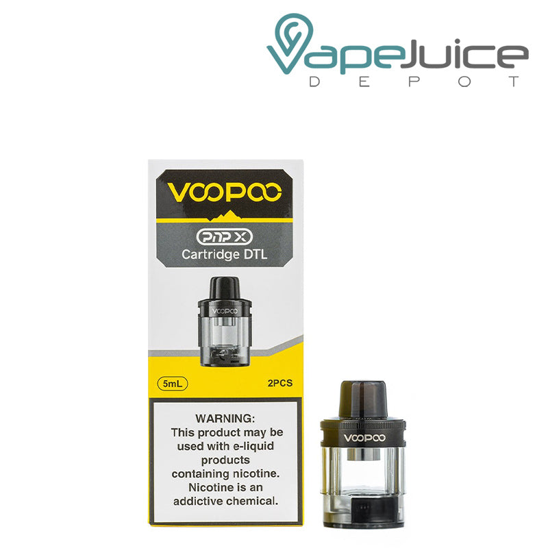 A Box of VooPoo PnP X Pod Cartridge with a warning sign and a Cartridge next to it - Vape Juice Depot