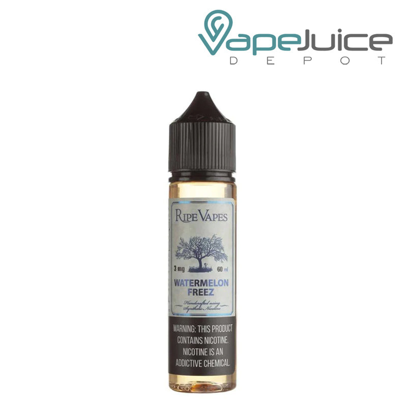 A 60ml bottle of Watermelon Freez Ripe Vapes eLiquid with a warning sign - Vape Juice Depot