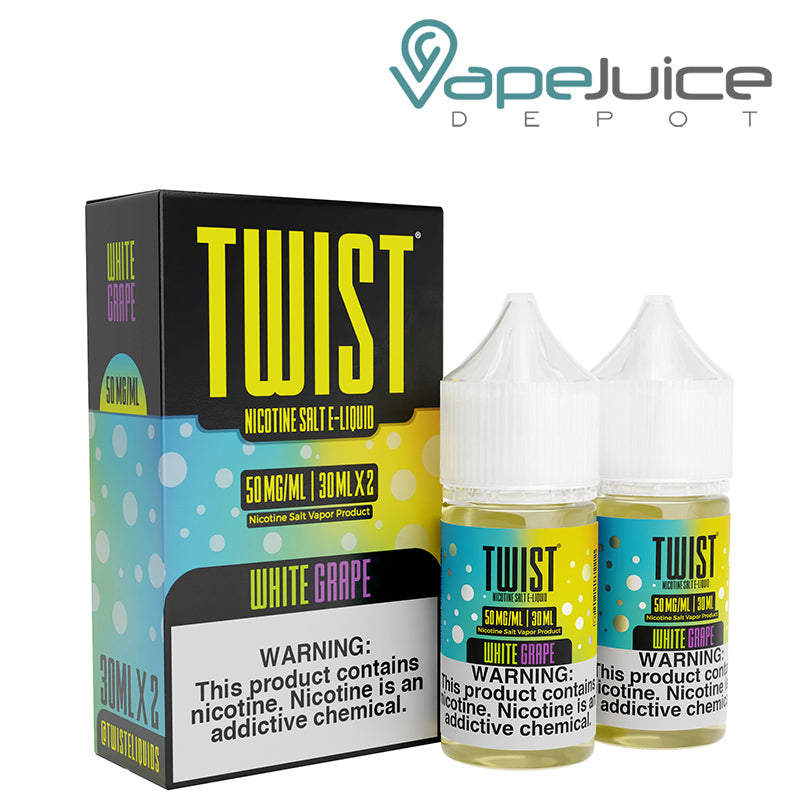 A box of White Grape Twist Salt 50mg E-Liquid with a warning sign and two 30ml bottles next to it - Vape Juice Depot