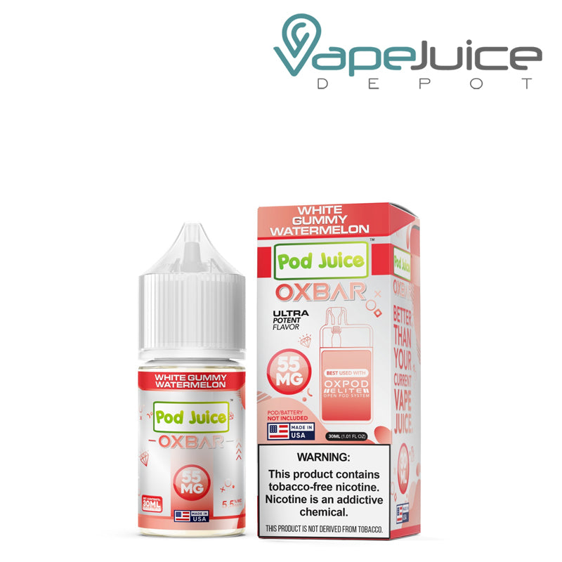 A 30ml bottle of White Gummy Watermelon Pod Juice x OXBAR Salts 55mg and a box with a warning sign next to it - Vape Juice Depot
