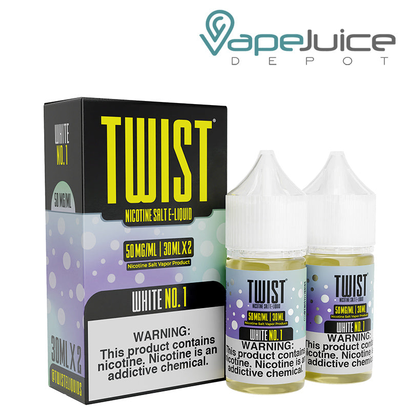 A box of White No 1 Twist Salt 50mg E-Liquid with a warning sign and two 30ml bottles next to it - Vape Juice Depot