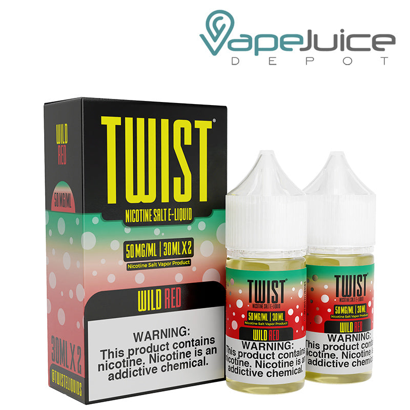 A box of Wild Red Twist Salt 50mg E-Liquid with a warning sign and two 30ml bottles next to it - Vape Juice Depot