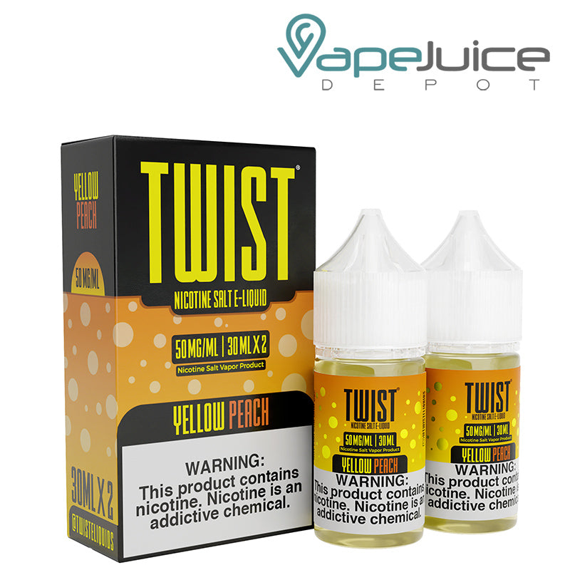 A box of Yellow Peach Twist Salt 50mg E-Liquid with a warning sign and two 30ml bottles next to it - Vape Juice Depot