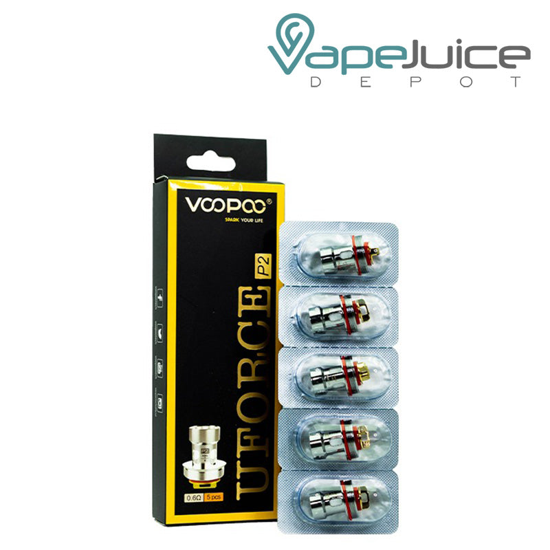 A Box of VooPoo UFORCE P2 Replacement Coils and 5-pack 0.6ohm coils next to it - Vape Juice Depot