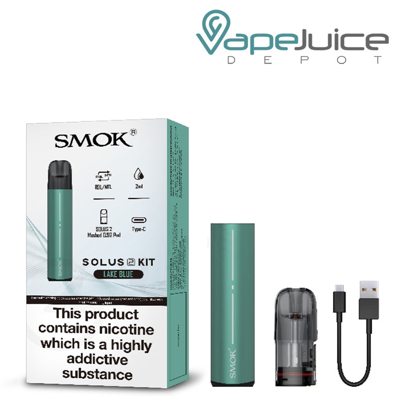 A Box of Lake Blue SMOK SOLUS 2 Pod System Kit with a Warning Sign and Pod Device, Meshed 0.9ohm Pod and USB cable next to it - Vape Juice Depot