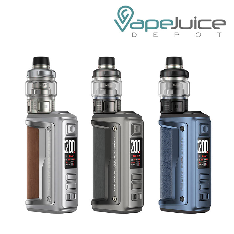Three colors of VooPoo ARGUS GT 2 200W Kit with TFT display and a firing button - Vape Juice Depot