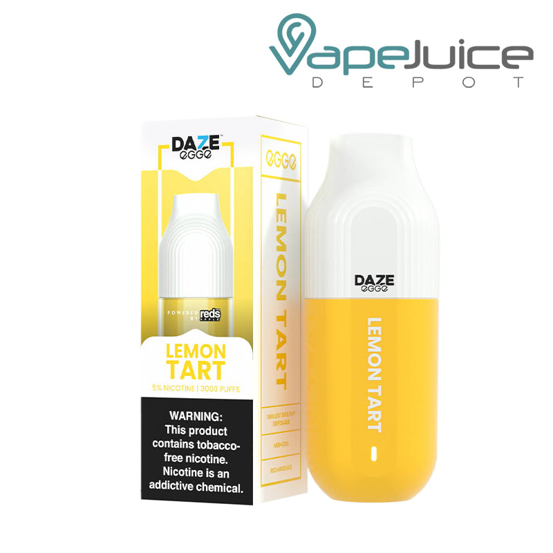 A box of Lemon Tart 7 Daze EGGE Disposable 3000 Puffs with a warning sign and a device next to it - Vape Juice Depot
