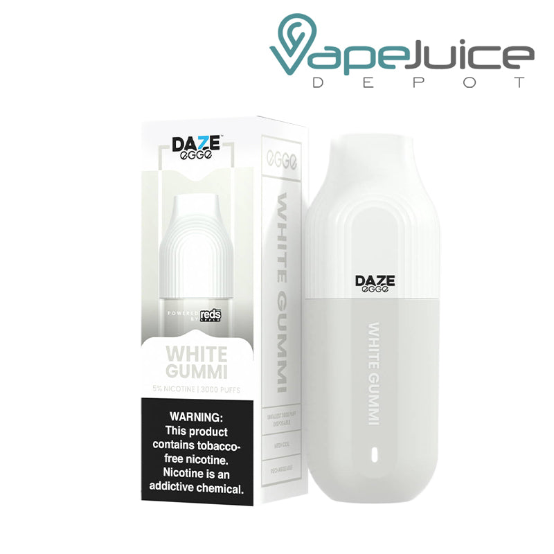 A box of White Gummi 7 Daze EGGE Disposable 3000 Puffs with a warning sign and a device next to it - Vape Juice Depot