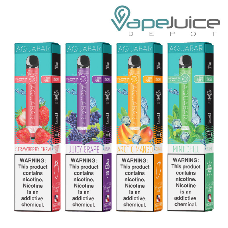 Four flavors of AquaBar Disposable 2800 Puffs with a warning sign - Vape Juice Depot