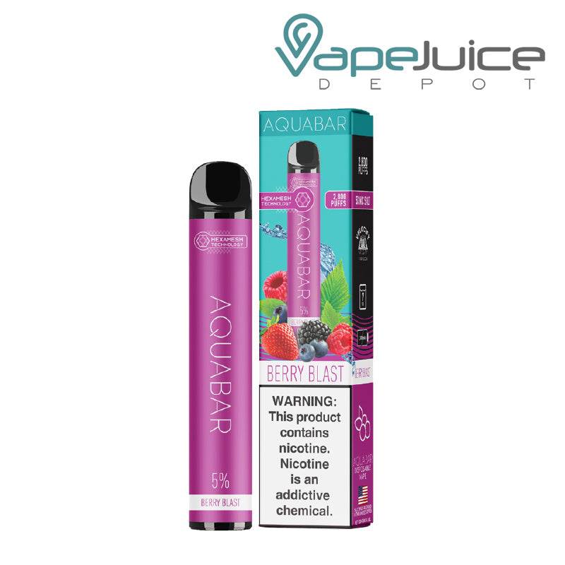 A Berry Blast AquaBar Disposable Vape Device 2800 Puff and a box with a warning sign next to it - Vape Juice Depot