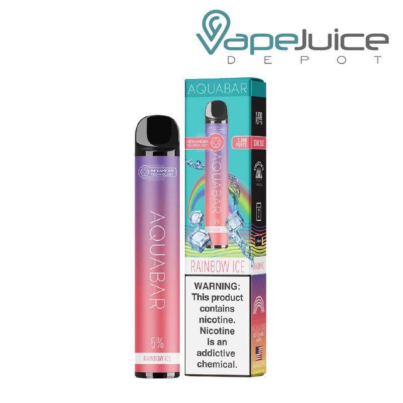 A Rainbow Ice AquaBar Disposable 2800 Puffs and a box with a warning sign next to it - Vape Juice Depot